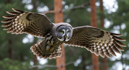 A Powerful Great Grey Owl with Piercing Eyes in Full Flightの写真素材