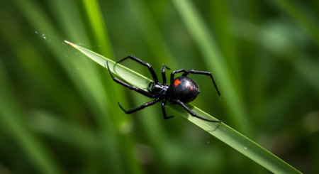Black Widow Spider: A Venomous Beauty on a Blade of Grassの写真素材
