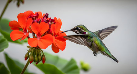 A Graceful Hummingbird Hovers to Drink Nectar from an Orange Flowerの写真素材