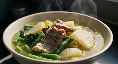 A Steaming Bowl of Beef and Vegetable Soup with Tender Meatの写真素材