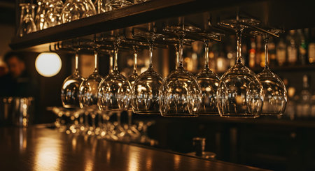 Glistening Barware: Wine Glasses Hanging Ready for Drinks