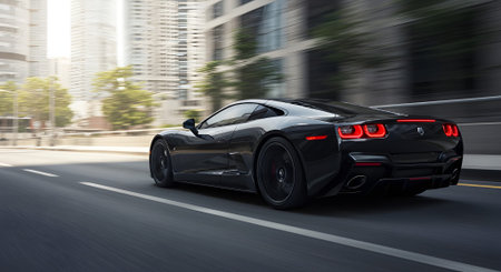 Sleek Black Sportscar: Accelerating Through a Modern Cityscape