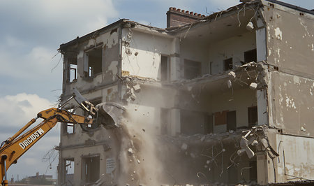 Controlled Demolition of a Building with Heavy Excavator Machinery.