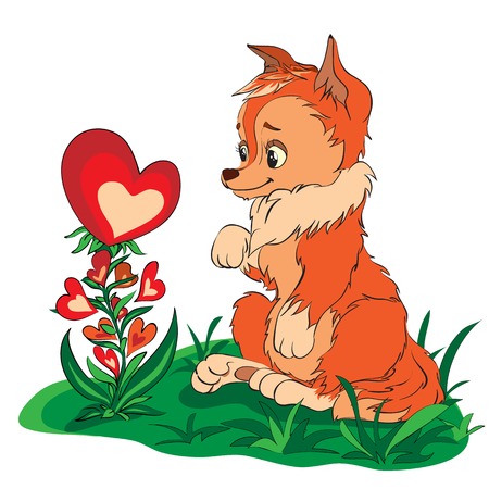 red fox in a clearing looking at flower of heartsのイラスト素材