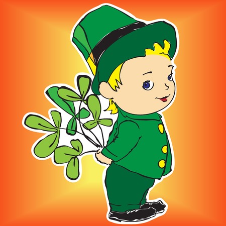 Leprechaun with a bouquet of Irish clover-St. Patrick's Day Cartoon Vector Illustrationのイラスト素材