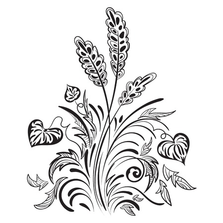 Floral swirl decorative pattern with leaves, grass and spikeletsのイラスト素材