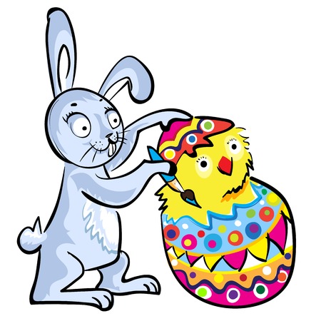 Cartoon Easter bunny colorable shell eggs with chickenのイラスト素材