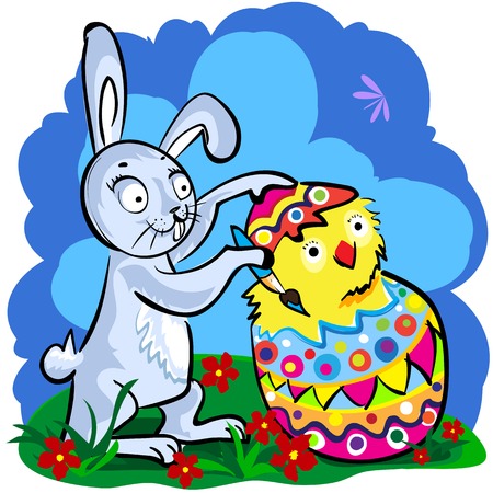 Cartoon Easter bunny colorable shell eggs with chickenのイラスト素材