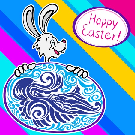 Bunny with patterned easter egg on stripped backgroundのイラスト素材