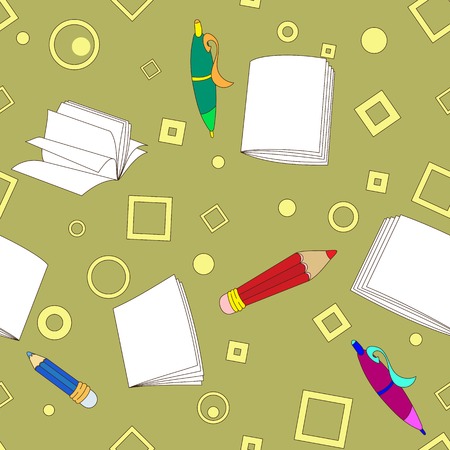 School notes seamless pattern on khaki background. Tools for drawing. Cartoon color background.のイラスト素材