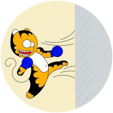cartoon cute young tiger of martial arts beats a wall, the kick in the fightのイラスト素材