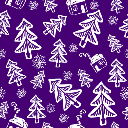 seamless doodle with tree and houseのイラスト素材