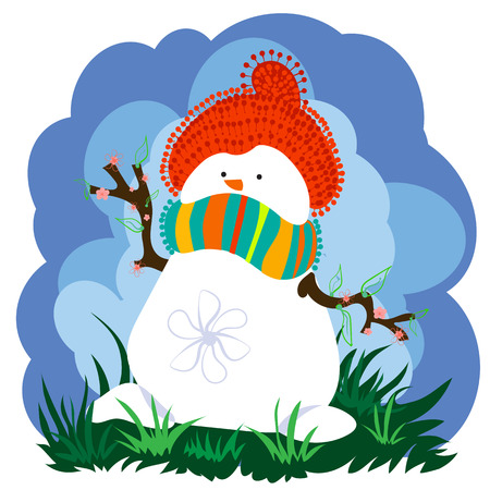 Snowman Wearing Hat and Scarf With Spring Blooming Branches And Cloudsのイラスト素材