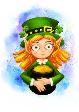 Leprechaun with a pot of gold and cloverの写真素材