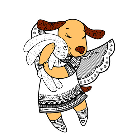 Lovely dog with wings holding a toy rabbit.のイラスト素材