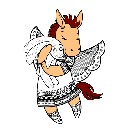 Horse holding rabbit doll icon for 2019 calendar design.のイラスト素材