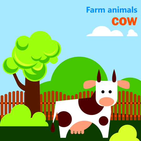 Educational flashcard with cow on the farmのイラスト素材