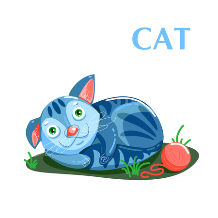 Educational flashcard kitten resting after a game with a ball of threadsのイラスト素材