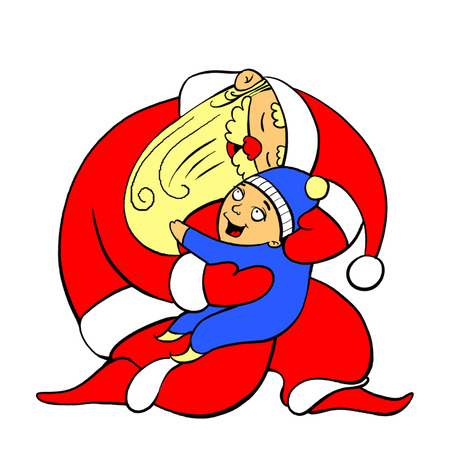 Santa Claus gently holds on his hands and hugs a joyful childの写真素材