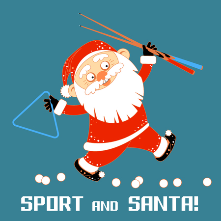 Vector illustrations with Santa Claus playing sports games billiard. A bearded man in Santa Claus costume plays in a sports entertainment center. Vector illustration isolated on blue background. For your design of banner, greeting card, invitation, poster, package and other decorations.のイラスト素材