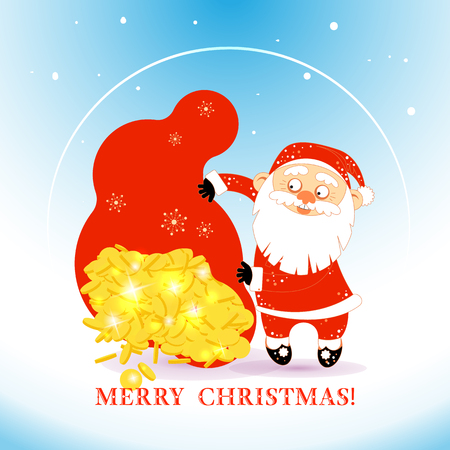 Old man in costume of Christmas Santa Claus holds a huge money bag from which coins pour out. Cartoon character with a sack of money. Vector illustration isolated on white background. For your design of banner, greeting card, invitation, poster, package and other decorations.のイラスト素材