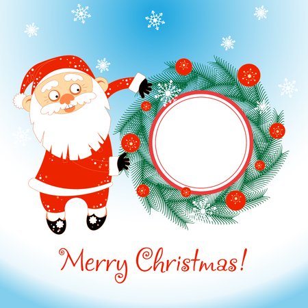 Old man in costume of Christmas Santa Claus holds a circle christmas wreath. Cartoon character with traditional decoration. Vector illustration. For your design of banner, greeting card, invitation, poster, package and other decorations.のイラスト素材