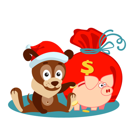 New year or Christmas greeting card with dog, bag and bank-pigのイラスト素材