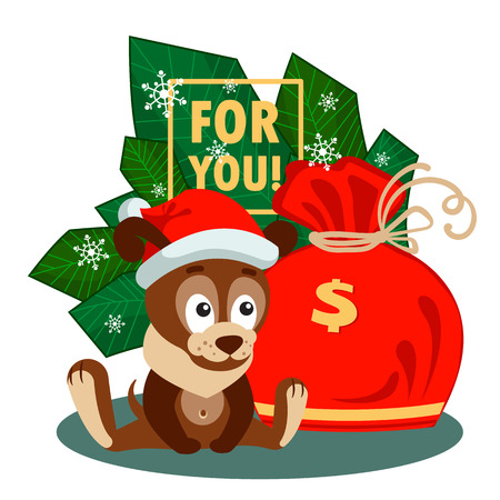 A puppy in a New Year s cap and a big bag with sign of dollars in front of the branches. Christmas or New Year greeting card with characters for congratulations. A merry dog collects money for gifts to fulfill desires. Clip art with animals on New Year. Isolated cartoon kids vector illustration on white backgroundのイラスト素材