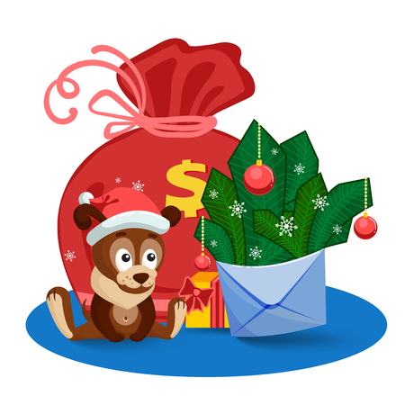 A puppy, a bag, gifts and an envelope with fir branches and bolls in front of the big bag.の写真素材