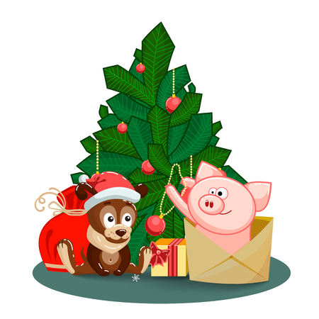 A merry puppy, a bag, gifts and a joyful pig jumping out of an envelope to decorate the fir branches of tree for a happy new year and Christmas. Christmas or New Year greeting card with characters for congratulations. Clip art with animals on Chinese New Year. Isolated humor kids vector illustration on white backgroundのイラスト素材