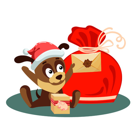 Christmas card with a dog holding an envelope from Santa Claus and sitting in front of big bag with giftsの写真素材