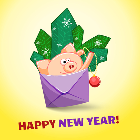 A funny pig jumping out of an envelope to decorate the fir branches with congratulation.の写真素材