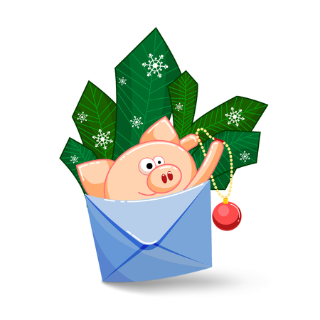 A funny pig jumping out of an envelope to decorate the fir branches.のイラスト素材