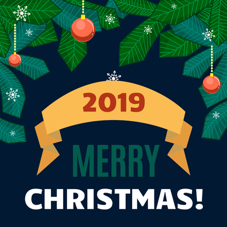 Christmas balls, ribbons and branches of the Christmas tree on dark blue background. Merry christmas style for typography greeting card or web banner. Vector flat illustration in retro style.のイラスト素材
