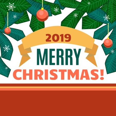 Christmas balls, ribbons and branches of the Christmas tree on white and red background. Merry christmas style for typography greeting card or web banner. Vector flat illustration in retro style.のイラスト素材