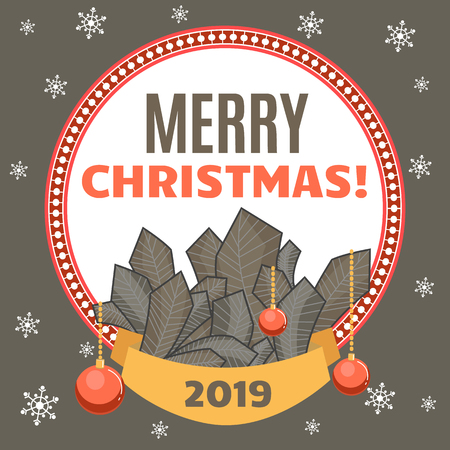 Congratulation on the holiday in a round decorative frame with New Year tree branches, balls and ribbon on a grey background with snowflakes. Merry christmas style for typography greeting card or web banner. Vector flat illustration in retro style.のイラスト素材