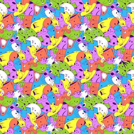 Bright background with fantastic creatures. Seamless pattern with fantasy animals. colored repeating pattern for the background of packaging paper, textiles, websites, wallpaper and other patterned filling on different surfaces.のイラスト素材