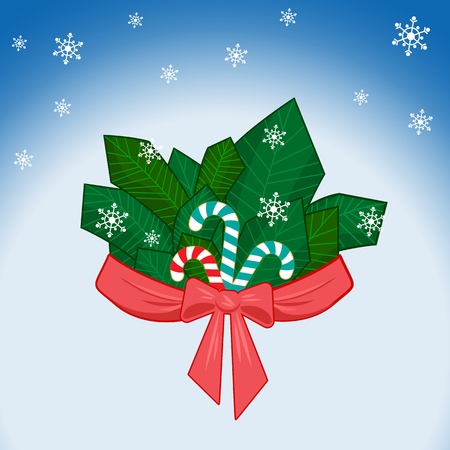 Winter stripe branch with bow and ribbon, sweet candy and snowflakes on blue background with light effect, projector ray and shining halo. For design of Christmas or New Year congratulations, offers, banners, invitations and greeting cards. Illumination design on blue background.のイラスト素材
