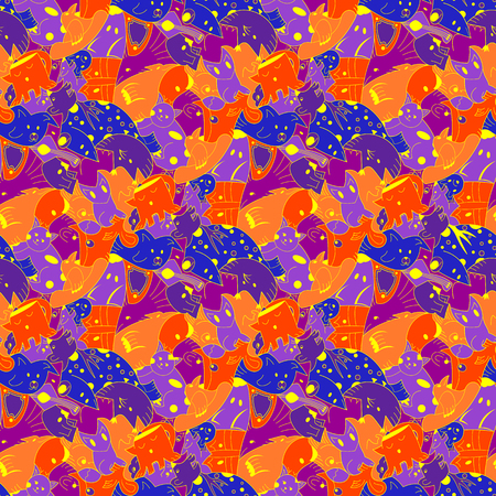 Bright background with fantastic creatures. Seamless pattern with fantasy animals. colored repeating pattern for the background of packaging paper, textiles, websites, wallpaper and other patterned filling on different surfaces.のイラスト素材