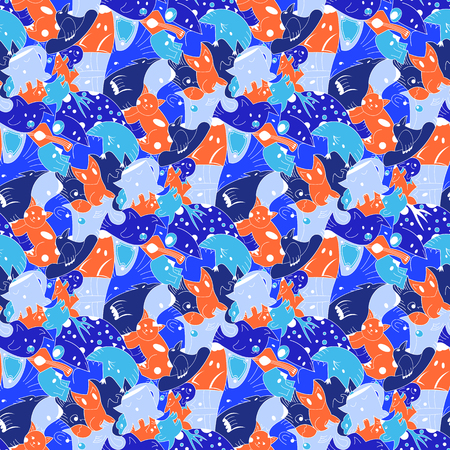 Bright background with fantastic creatures. Seamless pattern with fantasy animals. colored repeating pattern for the background of packaging paper, textiles, websites, wallpaper and other patterned filling on different surfaces.のイラスト素材