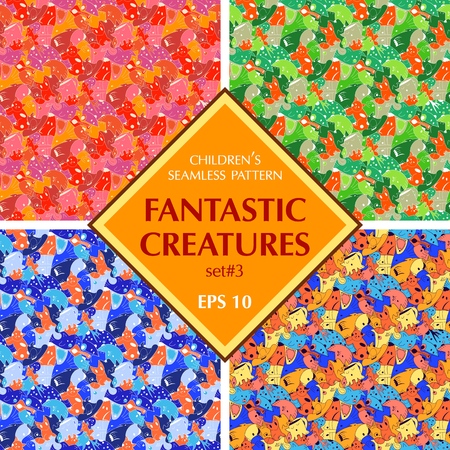 Set of bright background with fantastic creatures.のイラスト素材