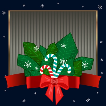 Striped dark blue background with a ribbon with a bow, with spruce branches, snowflakes and sweet Christmas candy canes. Elegant strict background with gold frame for text on winter theme. Can be used for invitations, congratulations, promotional offers, sales and the like. Vector image eps10.のイラスト素材