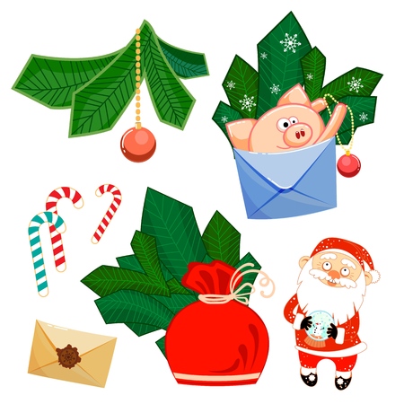 Santa Claus and Glass Ball, Pig with Develop, Bag, Fir Branches, Christmas tree, Christmas ball, Snowflakes and Sweet Candy. The Set of Christmas and New Year Decoration Elements For Your Design. Set of simple vector cartoon flat illustrations isolated on white background.のイラスト素材