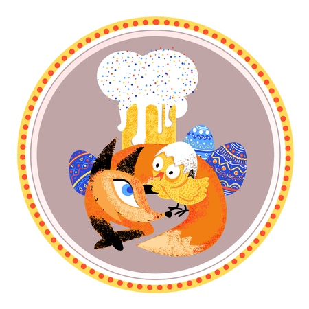 A cute red fox lies in front of the Easter cake, painted eggs and looks smiling at the chicken in a hat made of shells. Cartoon illustration with texture for children s books, stickers, embroidery, greetings, banners, label printing and packaging of Easter food products. Vector illustration isolated on white.のイラスト素材