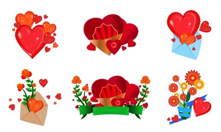 Set of vector icons with hearts isolated on white. Heart in paper style. Heart flies out of the envelope. The heart is enclosed in an envelope with flowers. Heart with flowers and ribbon. Flowers with hearts in a paper ribbon origami vase. Valentines for declarations of love. Illustration for the web, the decoration of printed materials, postcards, stickers, greetings on Valentine s Day.のイラスト素材