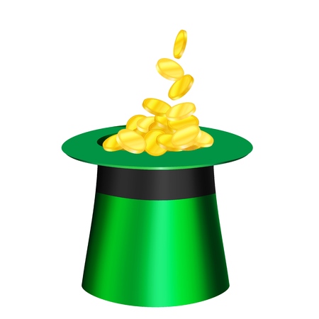 Vector cartoon hat for St. Patrick s Day. Gold coins are poured into the green top hat. Traditional hat for St. Patrick s Day with a three-leaf clover and gold decoration. Icons are designed to complement the design of invitations, cards, banners, for printing and web.のイラスト素材
