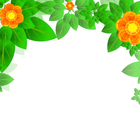 Summer or spring leaves with flowers banner concept. Stylish background with top borders of colorful leaves with blank space for text block. Vector illustration frame for the design and decoration of printed and web products, flyers, cards, banners and headpieces, organic packaging.のイラスト素材