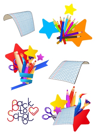Set of vector cartoon icons on a school theme. Sheets of paper lined in a cage, pens, pencils and brushes with a ruler on the background of stars, stationery in a vase of paper tape. Lettering back to school. Illustration isolated on white.のイラスト素材