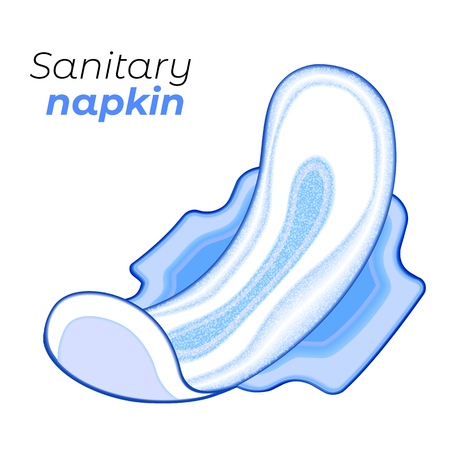 Menstruation sanitary soft pad for woman hygiene protection and digital drawn blood drop. Woman critical days, gynecological menstruation cycle. Medical banner conception. Vector illustration isolated on white background.のイラスト素材