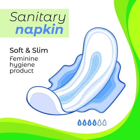 Menstruation sanitary soft pad for woman hygiene protection and digital drawn blood drop. Woman critical days, gynecological menstruation cycle. Medical banner conception. Vector illustration isolated on white background.のイラスト素材